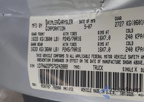 2007 Dodge Dakota St из США, поврежденный, VIN 1D7HW22P57S242889